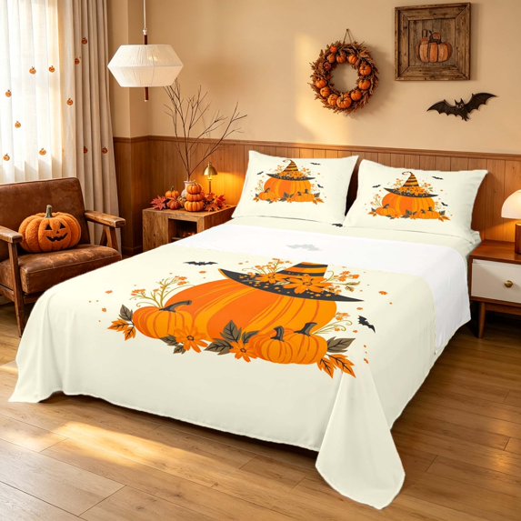 Homewish Halloween Cartoon Pumpkin Queen Sheets, Autumn Floral Bat Queen Sheet Sets, Pale Yellow Orange, 4 Pieces (1 Flat Sheet, 1 Fitted Sheet and 2 Pillowcases)