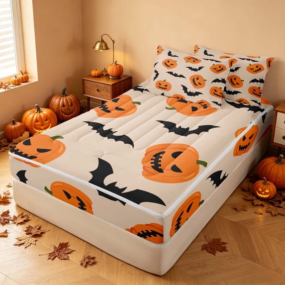 Homewish Halloween Cartoon Pumpkin Zipper Full Size Comforter Sets with Fitted Sheet and 2 Pillowcases, Bat Silhouette Zipper Bedding Set, Cream Orange Black, Pumpkin Bat Reversible