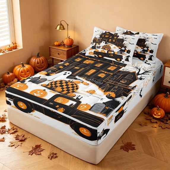 Homewish Halloween Castle Zipper Queen Comforter Set with Fitted Sheet and 2 Pillowcases, Witch Tombstone Pumpkin Zipper Bedding Set, Black Orange White, Pumpkin Bat Reversible