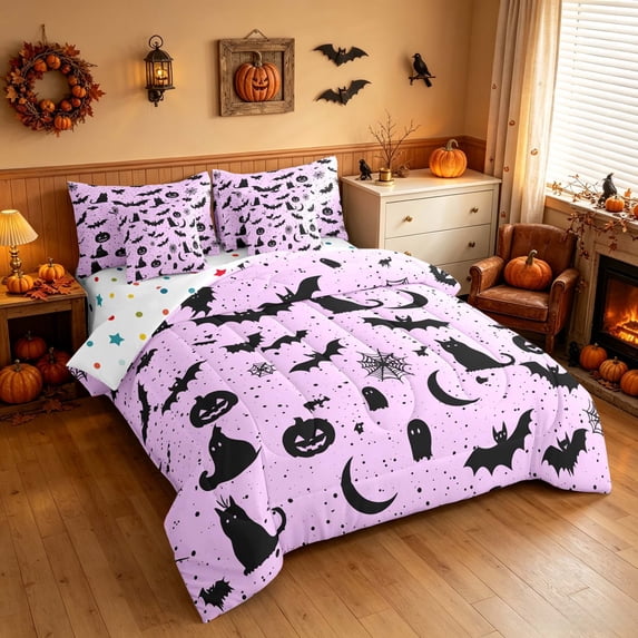 Homewish Halloween Cat Bat King Bedding for Girls, Spooky Animal Pumpkin King Bed in a Bag, Pink Black, Polka Dots Reversible 7 Pieces