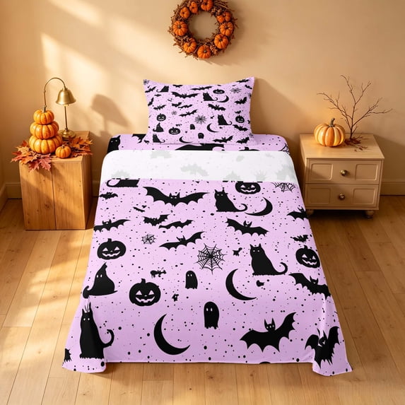 Homewish Halloween Cat Bat Twin Sheets for Girls, Spooky Animal Pumpkin Bedding, Pink Black, 3 Pieces (1 Flat Sheet, 1 Fitted Sheet and 1 Pillowcase)