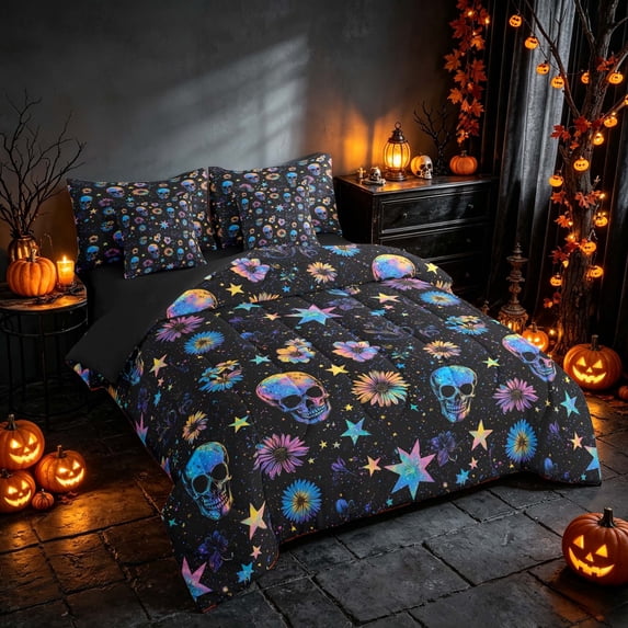 Homewish Halloween Cosmic Skull Twin Bedding, Rainbow Daisy Stars Bedding Comforter Set, Black Multicolor, Black Reversible 7pcs