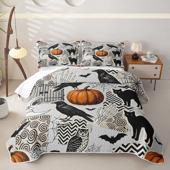 Homewish Halloween Crow Skull Bed Spread Queen, Black Cat Owl Queen Coverlet Set, Gray Black Orange, 3-Piece 1 Bedspread and 2 Pillowcases