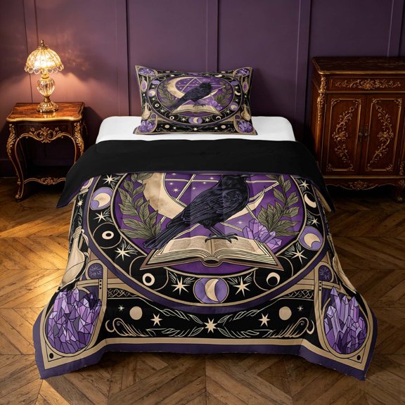 Homewish Halloween Crow Twin Comforter Sets, Witch Magic Book Bedding Set, Black Reversible 2pcs, 1 Comforter and 1 Pillowcase