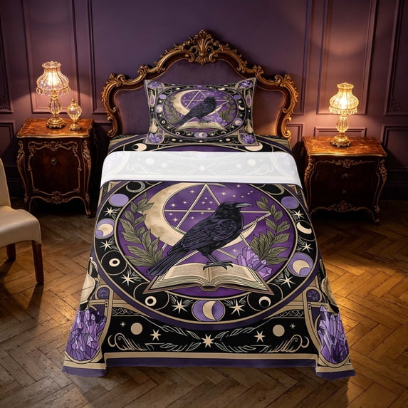 Homewish Halloween Crow Twin Sheets, Witch Magic Book Bedding, 3pcs, 1 Flat Sheet, 1 Fitted Sheet and 1 Pillowcase