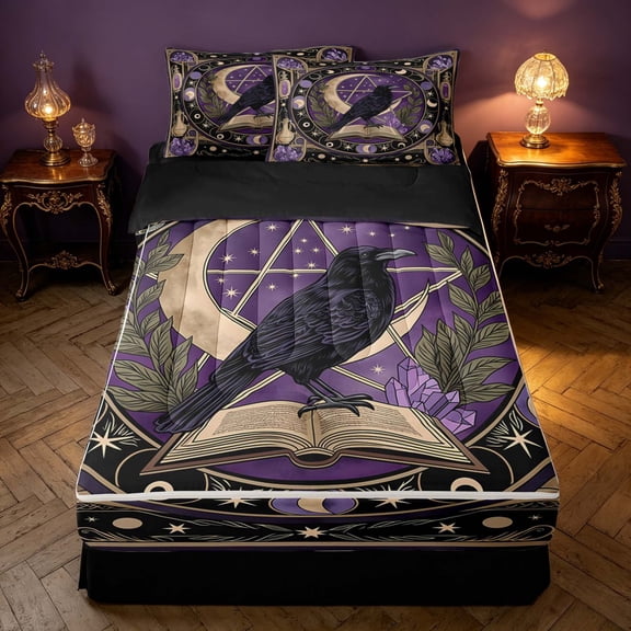 Homewish Halloween Crow Zipper Queen Comforter Set with Fitted Sheet and 2 Pillowcases, Witch Magic Book Zipper Bedding Set, Black Reversible