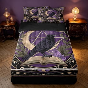 Homewish Halloween Crow Zipper Twin Comforter Sets with Fitted Sheet and 2 Pillowcases, Witch Magic Book Zipper Bedding Set, Black Reversible