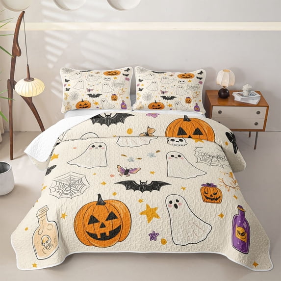 Homewish Halloween Cute Doodle Ghost Bed Spread Queen, Butterfly Pumpkin Queen Coverlet Set, Cream Orange Purple, 3pcs 1 Bedspread and 2 Pillowcases