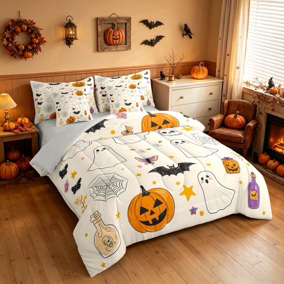 Homewish Halloween Cute Doodle Ghost Full Size Bedding Sets, Butterfly Pumpkin Full Size Bed in a Bag, Cream Orange Purple, Gray Reversible 7-Piece