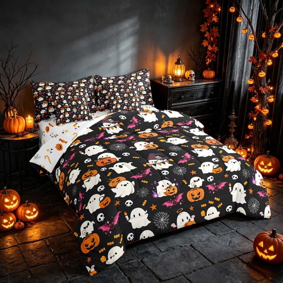 Homewish Halloween Cute Ghost Pumpkin Full Size Bedding Sets, Bat Skull Candy Full Size Bed in a Bag, Black Orange White, Pumpkin Bat Reversible 7-Piece