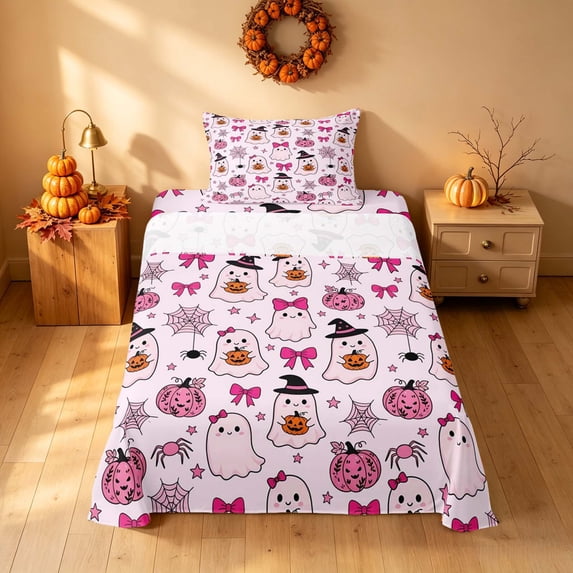 Homewish Halloween Cute Ghost Pumpkin Twin Sheets for Girls, Bow Spider Web Bedding, Light Pink Hot Pink, 3-Piece (1 Flat Sheet, 1 Fitted Sheet and 1 Pillowcase)