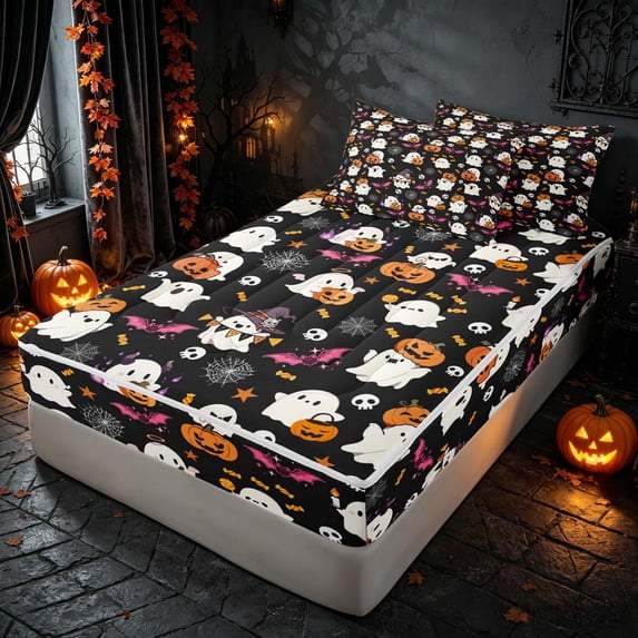 Homewish Halloween Cute Ghost Pumpkin Zipper Twin Comforter Sets with Fitted Sheet and 2 Pillowcases, Bat Skull Candy Zipper Bedding Set, Black Orange White, Pumpkin Bat Reversible