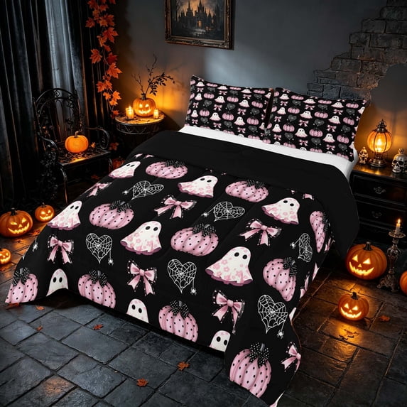Homewish Halloween Cute Ghost Queen Comforter Set for Girls, Polka Dot Bow Spider Web Comforter Sets Queen, Black Pink White, Black Reversible, 3-Piece 1 Comforter and 2 Pillowcases