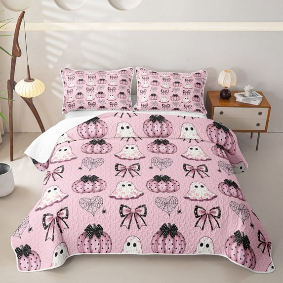 Homewish Halloween Cute Ghost Quilt King for Girls, Polka Dot Bow Spider Web King Coverlet Set, Light Pink Black, 3 Pieces 1 Bedspread and 2 Pillowcases
