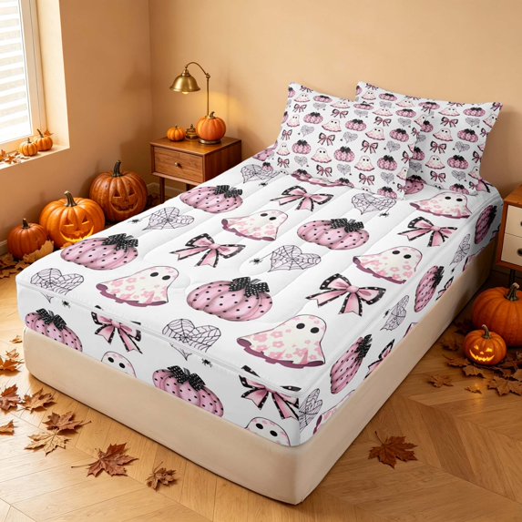 Homewish Halloween Cute Ghost Zipper Full Size Comforter Sets with Fitted Sheet and 2 Pillowcases for Girls, Polka Dot Bow Spider Web Zipper Bedding Set, White Pink Black, Pumpkin Bat Reversible