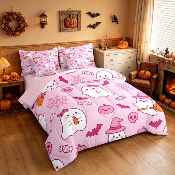 Homewish Halloween Cute Pink Ghost Full Size Bedding Sets for Girls, Candy Bat Pumpkin Full Size Bed in a Bag, Blush Magenta, Pink Reversible 7 Pieces