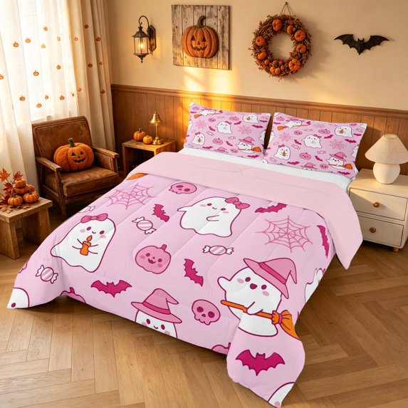 Homewish Halloween Cute Pink Ghost Full Size Comforter Sets for Girls, Candy Bat Pumpkin Bedding Comforter Set, Blush Magenta, Pink Reversible, 3 Pieces 1 Comforter and 2 Pillowcases