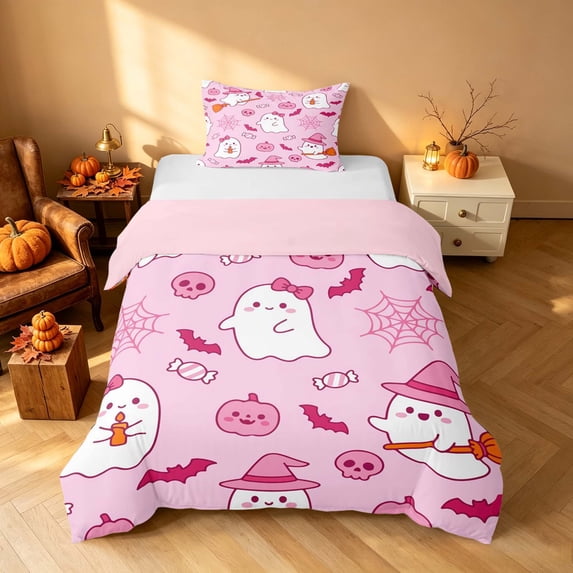 Homewish Halloween Cute Pink Ghost Twin Duvet Cover for Girls, Candy Bat Pumpkin Twin Bedding, Blush Magenta, Pink Reversible 2 Pieces, 1 Duvet Cover and 1 Pillowcase