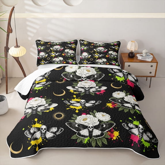 Homewish Halloween Death Moth Quilt King, Celestial Peony Floral King Coverlet Set, Black White Multicolor, 3 Pieces 1 Bedspread and 2 Pillowcases