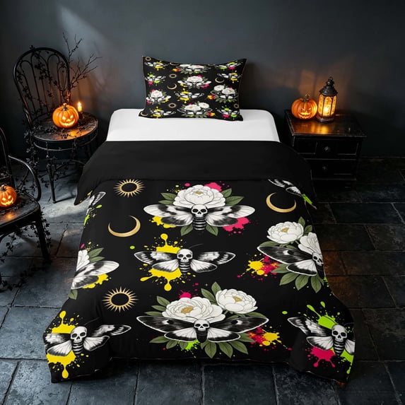 Homewish Halloween Death Moth Twin Duvet Cover, Celestial Peony Floral Twin Bedding, Black White Multicolor, Black Reversible 2pcs, 1 Duvet Cover and 1 Pillowcase