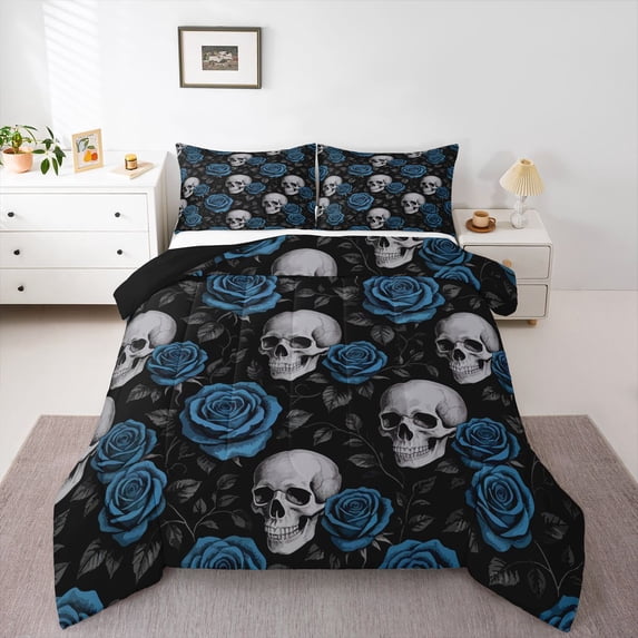 Homewish Halloween Death Skull Queen Comforter Set,Blue Rose Floral Comforter Sets Queen,Black Reversible,3pcs,1 Comforter and 2 Pillowcases