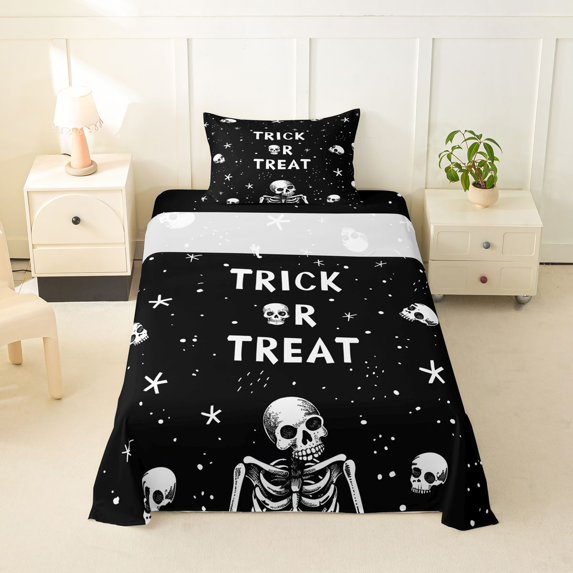 Homewish Halloween Death Skull Twin Sheets,Trick Or Treat Print Bedding,Black White,3pcs,1 Fitted Sheet and 1 Pillowcase