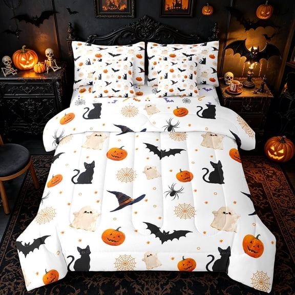 Homewish Halloween Doodle Full Size Bedding Sets, Cat Ghost Spider Witch Hat Bat Full Size Bed in a Bag, Halloween Reversible, 7-Piece