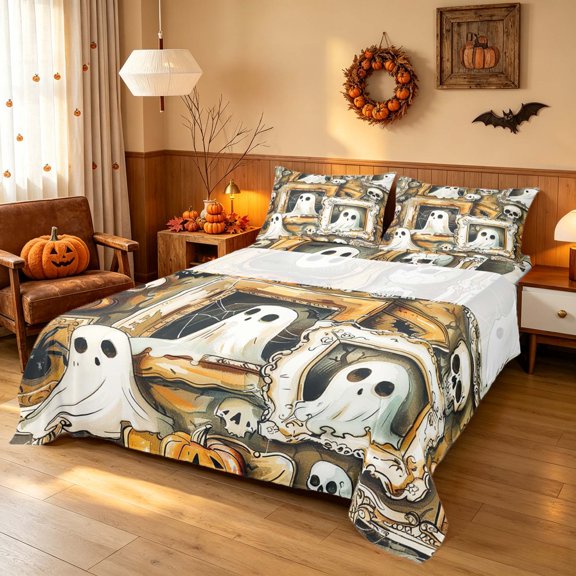 Homewish Halloween Funny Ghost Queen Sheets, Skull Bat Pumpkin Queen Sheet Sets, Sepia Tan, 4-Piece (1 Flat Sheet, 1 Fitted Sheet and 2 Pillowcases)