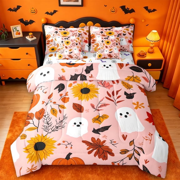 Homewish Halloween Ghost 7 Pieces Full Size Bedding Sets,Pumpkin Fall Leaf Pattern Full Size Bed in a Bag,Blush Pink Orange,Halloween Reversible