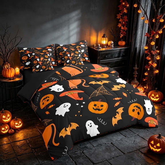 Homewish Halloween Ghost Bat King Bedding, Cute Witch Hat Cat King Bed in a Bag, Black Orange, Black Reversible 7-Piece