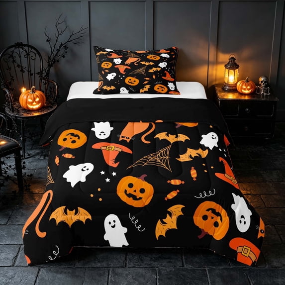 Homewish Halloween Ghost Bat Twin Comforter Sets, Cute Witch Hat Cat Bedding Set, Black Orange, Black Reversible, 2-Piece 1 Comforter and 1 Pillowcase