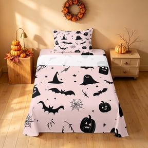 Homewish Halloween Ghost Bat Twin Sheets for Girls, Witch Hat Spider Web Bedding, Pink Black, 3-Piece (1 Flat Sheet, 1 Fitted Sheet and 1 Pillowcase)
