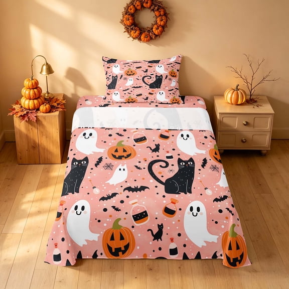 Homewish Halloween Ghost Black Cat Twin Sheets for Girls, Pumpkin Bats Bedding, Light Pink Black, 3 Pieces (1 Flat Sheet, 1 Fitted Sheet and 1 Pillowcase)