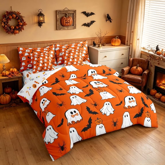 Homewish Halloween Ghost Full Size Bedding Sets, Pumpkin Bat Spider Full Size Bed in a Bag, Bright Orange White Black, Pumpkin Bat Reversible 7-Piece