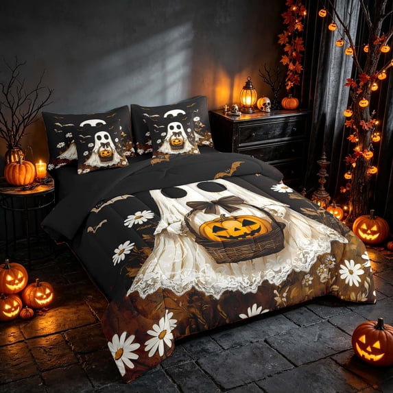 Homewish Halloween Ghost Full Size Bedding Sets, Spooky Animal Daisy Full Size Bed in a Bag, Dark Brown White Orange, Black Reversible 7-Piece