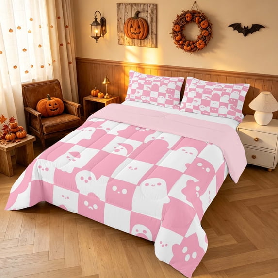 Homewish Halloween Ghost Full Size Comforter Sets for Girls, Spooky Animal Checkered Bedding Comforter Set, Pink White, Pink Reversible, 3 Pieces 1 Comforter and 2 Pillowcases