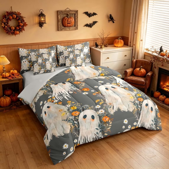 Homewish Halloween Ghost King Bedding, Wild Fall Bloom King Bed in a Bag, Dark Gray Cream, Gray Reversible 7 Pieces