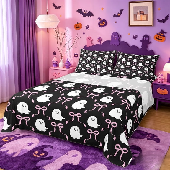 Homewish Halloween Ghost Print Queen Sheets,Pink Coquette Bows Queen Sheet Sets,4-Piece,1 Flat Sheet,1 Fitted Sheet and 2 Pillowcases