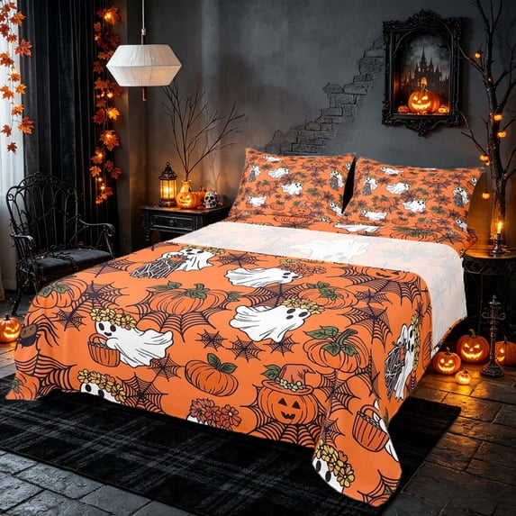 Homewish Halloween Ghost Pumpkin Bed Sheets, Spider Web Full Size Sheets, Bright Orange Black, 4pcs (1 Flat Sheet, 1 Fitted Sheet and 2 Pillowcases)