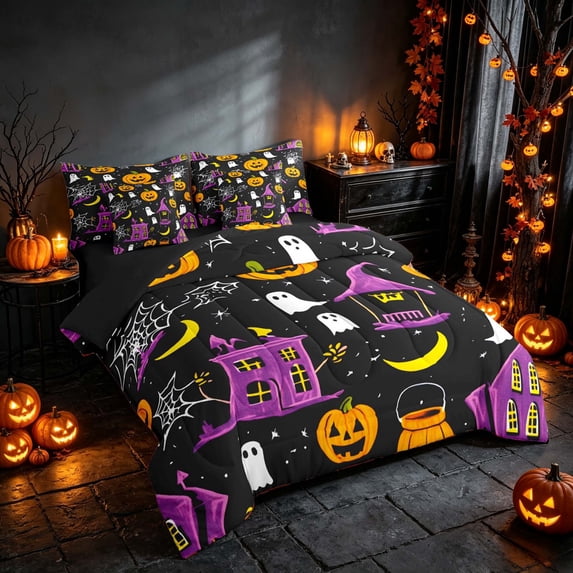 Homewish Halloween Ghost Pumpkin King Bedding, Cartoon Haunted House Moon King Bed in a Bag, Black Purple Orange Yellow, Black Reversible 7 Pieces