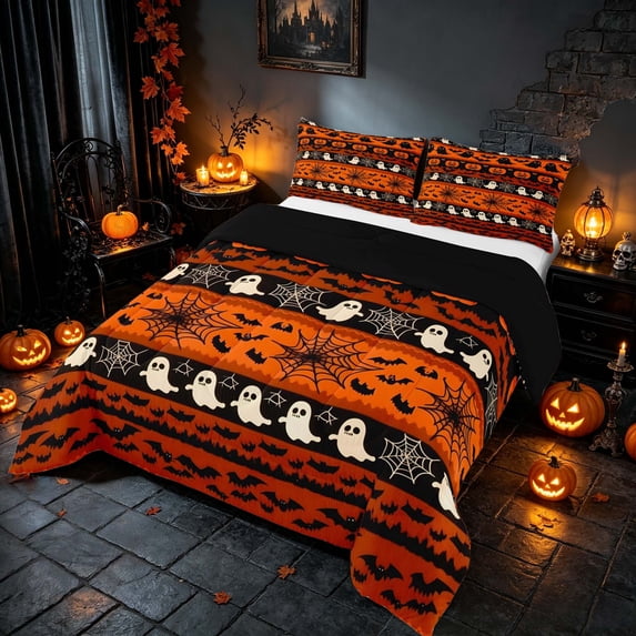 Homewish Halloween Ghost Pumpkin Queen Comforter Set, Bat Spider Web Comforter Sets Queen, Orange Black White, Black Reversible, 3-Piece 1 Comforter and 2 Pillowcases