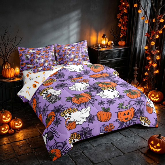 Homewish Halloween Ghost Pumpkin Twin Bedding, Spider Web Bedding Comforter Set, Purple Orange Black, Pumpkin Bat Reversible 7pcs