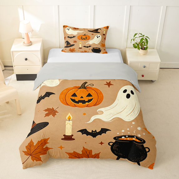 Homewish Halloween Ghost Pumpkin Twin Duvet Cover for Kids, Brown Maple Leaf Witch Hat Bat Twin Bedding, Gray Reversible, 2-Piece, 1 Duvet Cover and 1 Pillowcase