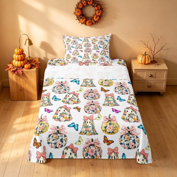 Homewish Halloween Ghost Pumpkin Twin Sheets for Girls, Butterfly Bow Flower Bedding, Cream Pink Orange, 3pcs (1 Flat Sheet, 1 Fitted Sheet and 1 Pillowcase)