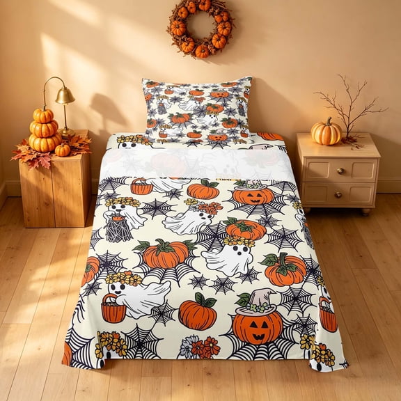 Homewish Halloween Ghost Pumpkin Twin Sheets, Spider Web Bedding, Cream Orange Black, 3-Piece (1 Flat Sheet, 1 Fitted Sheet and 1 Pillowcase)