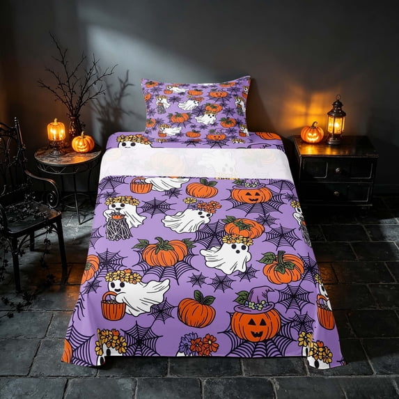 Homewish Halloween Ghost Pumpkin Twin Sheets, Spider Web Bedding, Purple Orange Black, 3pcs (1 Flat Sheet, 1 Fitted Sheet and 1 Pillowcase)