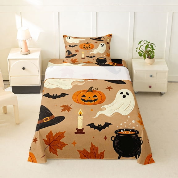 Homewish Halloween Ghost Pumpkin Twin Sheets for Kids, Brown Maple Leaf Witch Hat Bat Bedding, 3-Piece, 1 Flat Sheet, 1 Fitted Sheet and 1 Pillowcase