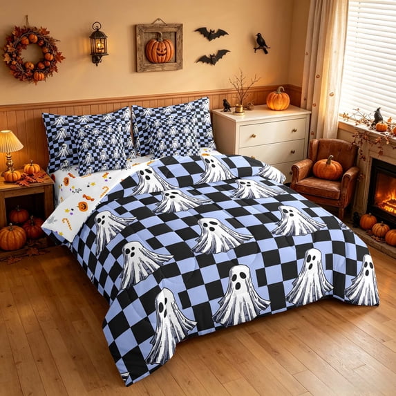 Homewish Halloween Ghost Queen Bedding, Grid Plaid Bedding Comforter Set Queen, Light Blue Black, Pumpkin Bat Reversible 7-Piece