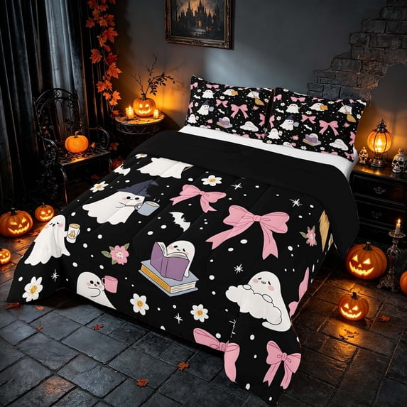 Homewish Halloween Ghost Queen Comforter Set for Girls, Pink Bow Daisy Bat Comforter Sets Queen, Black White Pink, Black Reversible, 3pcs 1 Comforter and 2 Pillowcases
