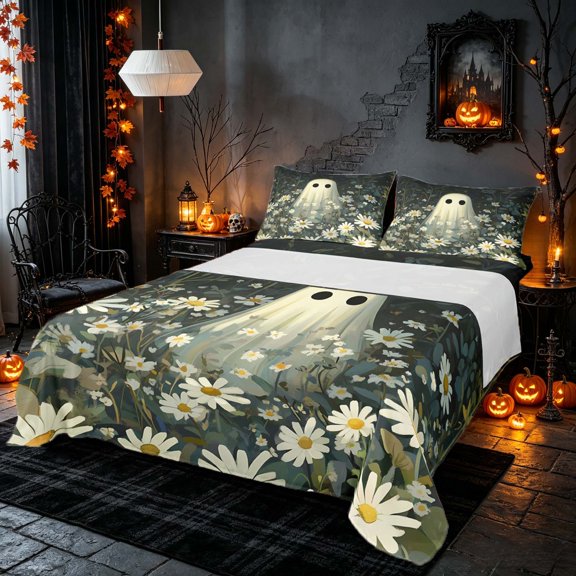 Homewish Halloween Ghost Queen Sheets, Daisy Flower Queen Sheet Sets, Dark Sage Off White, 4 Pieces (1 Flat Sheet, 1 Fitted Sheet and 2 Pillowcases)